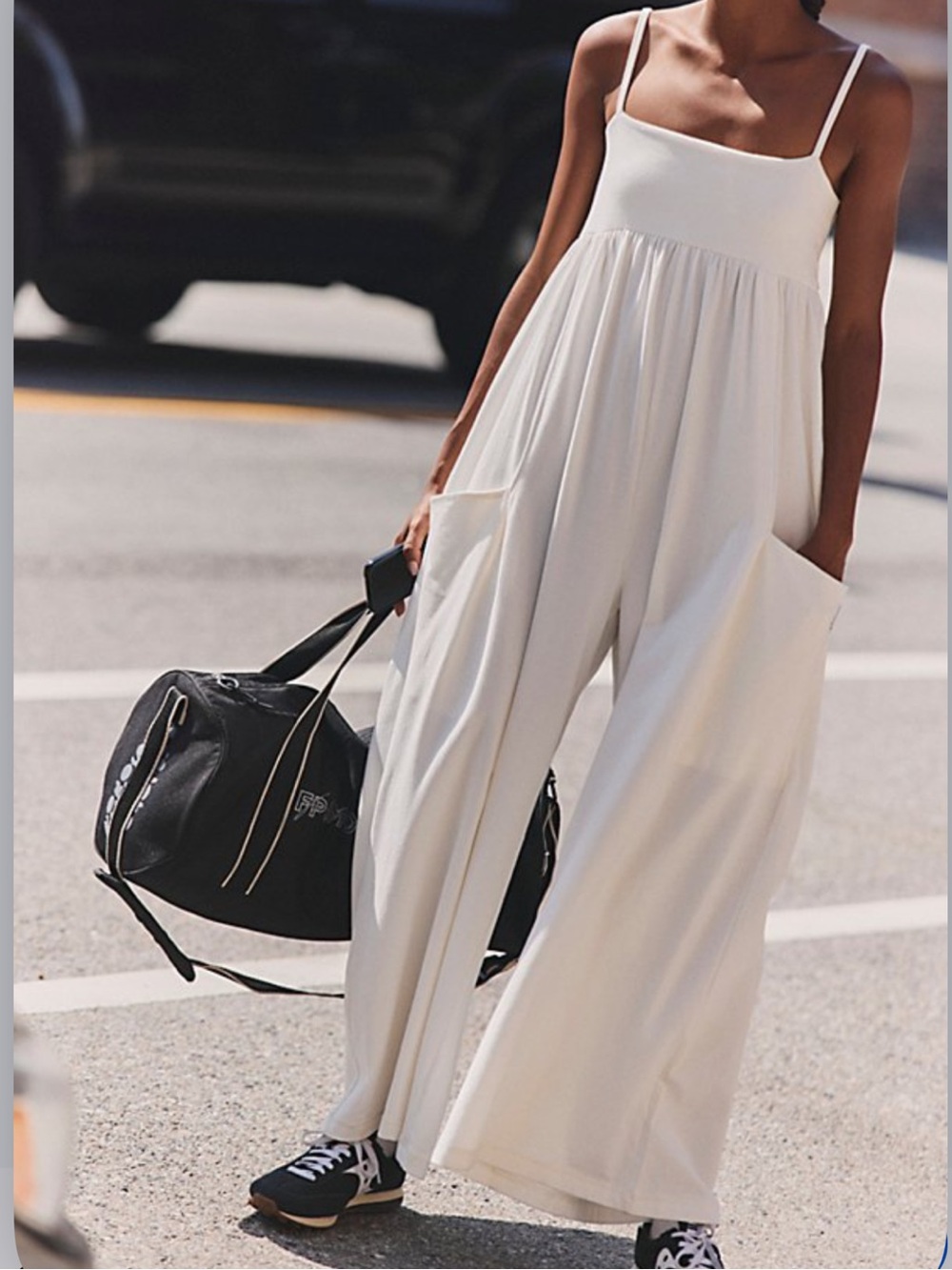 FREE PEOPLE MOVEMENT Hot Shot Strappy Stretch Cotton Jumpsuit in Ivory Small